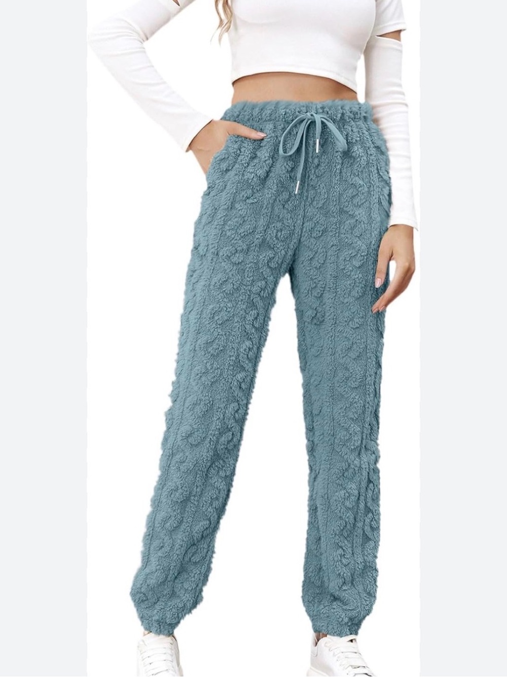 Cozy Cable Knit Fleece Joggers - Dusty Teal